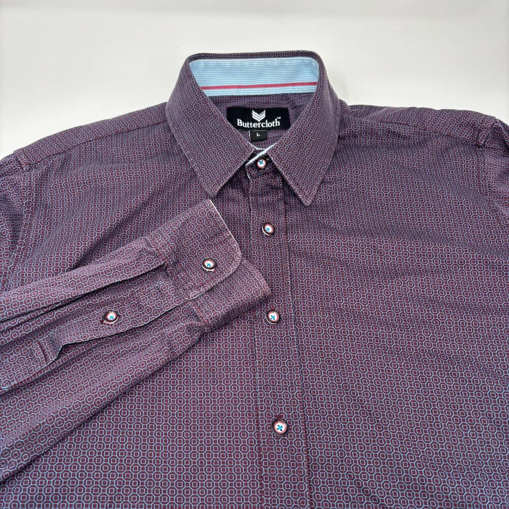 Buttercloth Large Purple Blue Patterned Long Sleeve Button Up Shirt